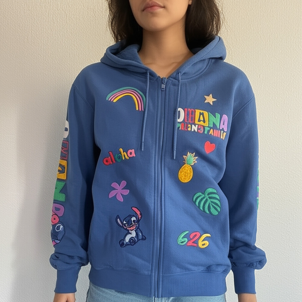 Disney Lilo & Stitch Ohana Family Embroidered Zip Hoodie Blue‎ Size Medium